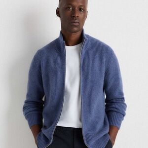 Mongolian Cashmere Fisherman Full Zip Sweater Heather Storm Blue In Medium